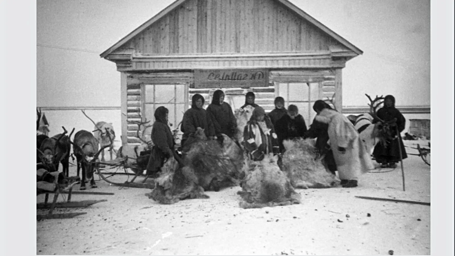 Работники колхоза им. Сталина во время сдачи пушнины в фонд Красной армии, 1943 год. Фото из фондов ГКУ «Государственный архив ЯНАО»