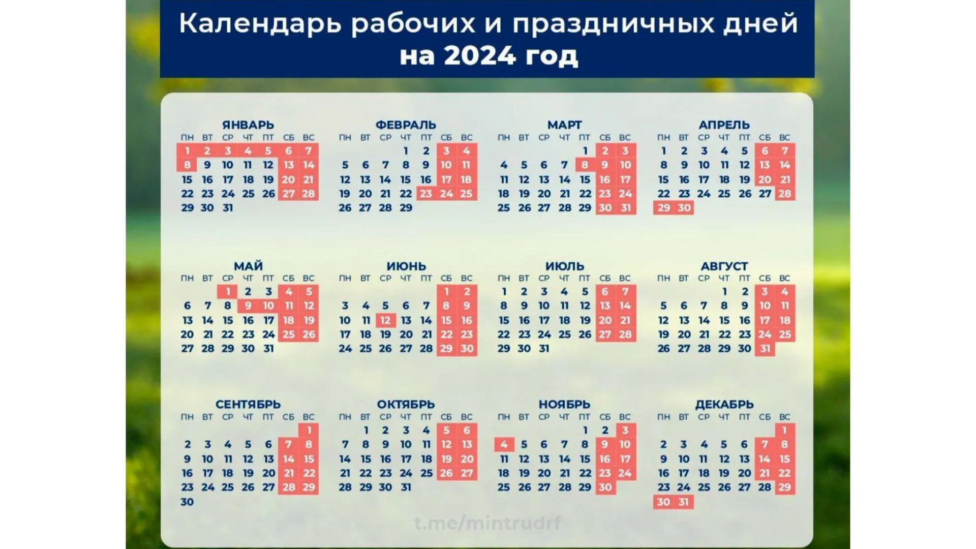 2024 год – високосный, в нем 366 дней: 248 из них – рабочие, на 118 приходятся праздники и выходные. Фото: t.me/mintrudrf