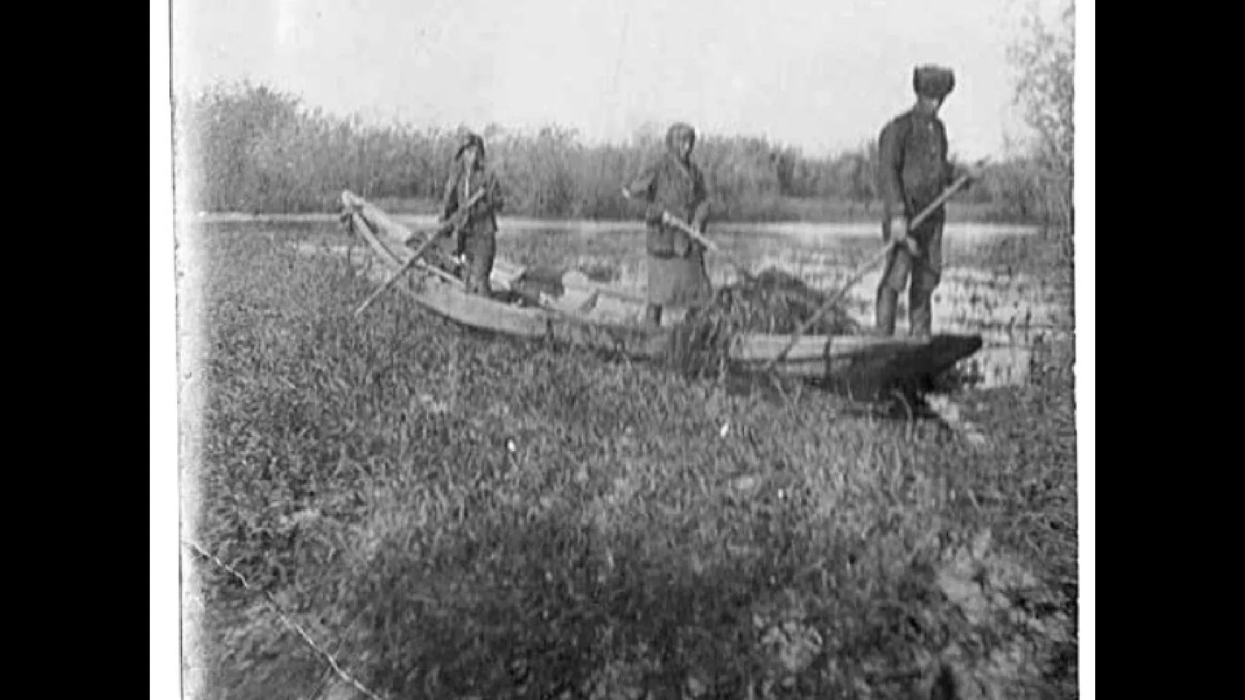 Бригадир-животновод Егармин на сенокосе в 1941 году. Косить приходилось с лодок, глубина — 2-2.5 метра. Фото предоставлено Шурышкарским районным музейным комплексом имени Г. С. Пузырёва